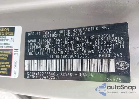 2009 Toyota Camry Le z USA, uszkodzony, nr VIN 4T1BE46K59U416363